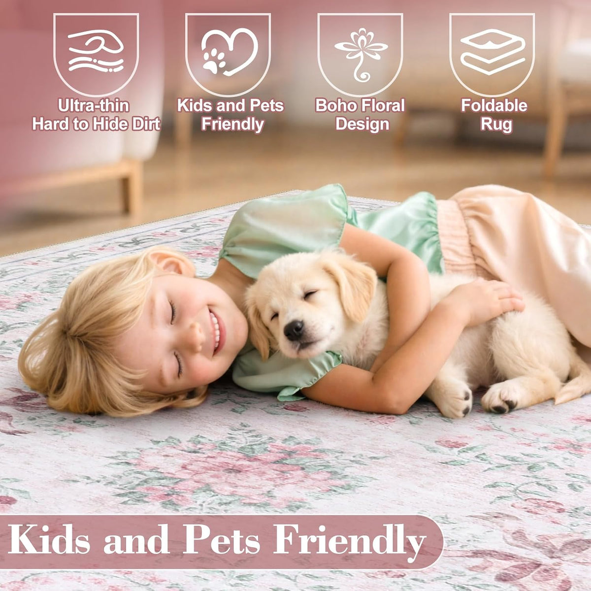 Floral Bow Print 8x10 Area Rugs, Washable Pink Rugs for Bedroom Girls, Boho Ultra-Thin Soft Non Slip Carpet for Nursery Living Room Kids Room Classroom Decor, Light Pink