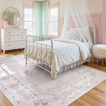 Floral Bow Print 8x10 Area Rugs, Washable Pink Rugs for Bedroom Girls, Boho Ultra-Thin Soft Non Slip Carpet for Nursery Living Room Kids Room Classroom Decor, Light Pink