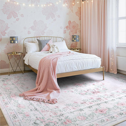 Floral Bow Print 8x10 Area Rugs, Washable Pink Rugs for Bedroom Girls, Boho Ultra-Thin Soft Non Slip Carpet for Nursery Living Room Kids Room Classroom Decor, Light Pink