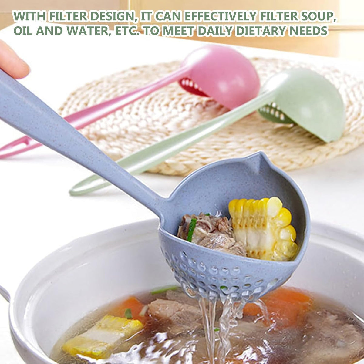 Ladle Spoon with Filter Strainer-2 in 1 Soup Ladle for Easy Serving of Soup, Stew, Gravy,Strainer Separates Liquids from Solids (Pink)
