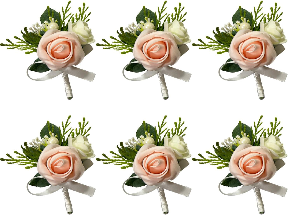 6PCS Blush Pink Boutonniere for Men,Coral Pink Boutonniere Pins for Men Groomsmen Guest, Artificial Flowers for Wedding Decor Prom Homecoming