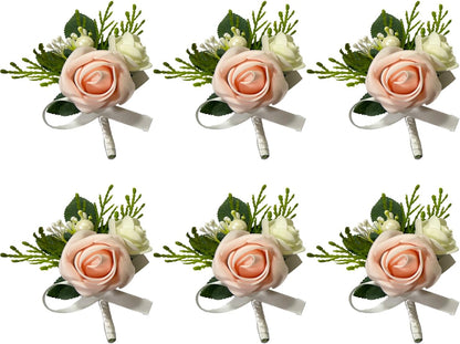 6PCS Blush Pink Boutonniere for Men,Coral Pink Boutonniere Pins for Men Groomsmen Guest, Artificial Flowers for Wedding Decor Prom Homecoming