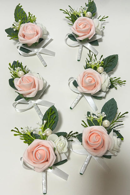 6PCS Blush Pink Boutonniere for Men,Coral Pink Boutonniere Pins for Men Groomsmen Guest, Artificial Flowers for Wedding Decor Prom Homecoming