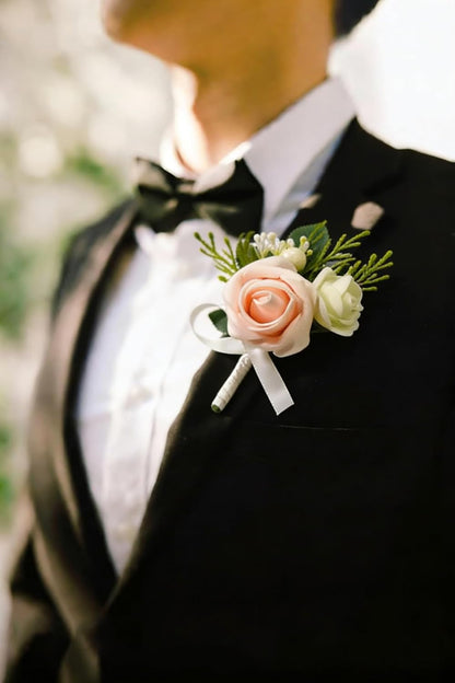 6PCS Blush Pink Boutonniere for Men,Coral Pink Boutonniere Pins for Men Groomsmen Guest, Artificial Flowers for Wedding Decor Prom Homecoming