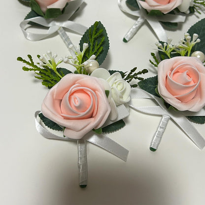 6PCS Blush Pink Boutonniere for Men,Coral Pink Boutonniere Pins for Men Groomsmen Guest, Artificial Flowers for Wedding Decor Prom Homecoming