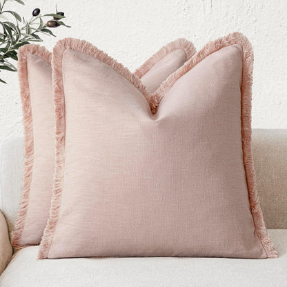 Decorative Linen Fringe Throw Pillow Covers 16×16 Light Pink