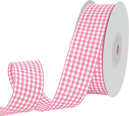 Double Faced 1 Inch x 25 Yards Peach Pink Gingham Ribbon Polyester Woven Edge Plaid Ribbon Buffalo Checked Ribbon for Sewing Gift Wrapping DIY Craft Wedding Home Decoration