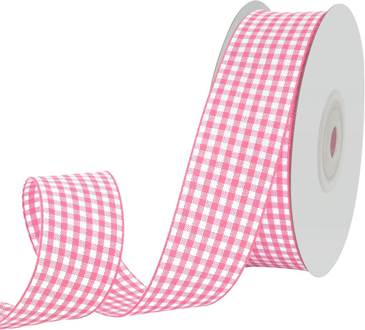 Double Faced 1 Inch x 25 Yards Peach Pink Gingham Ribbon Polyester Woven Edge Plaid Ribbon Buffalo Checked Ribbon for Sewing Gift Wrapping DIY Craft Wedding Home Decoration
