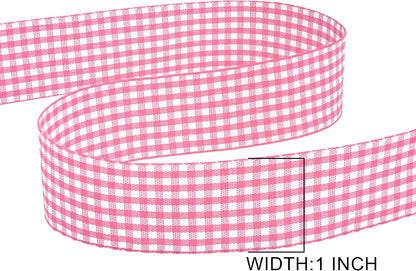 Double Faced 1 Inch x 25 Yards Peach Pink Gingham Ribbon Polyester Woven Edge Plaid Ribbon Buffalo Checked Ribbon for Sewing Gift Wrapping DIY Craft Wedding Home Decoration