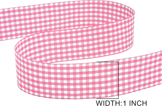 Double Faced 1 Inch x 25 Yards Peach Pink Gingham Ribbon Polyester Woven Edge Plaid Ribbon Buffalo Checked Ribbon for Sewing Gift Wrapping DIY Craft Wedding Home Decoration
