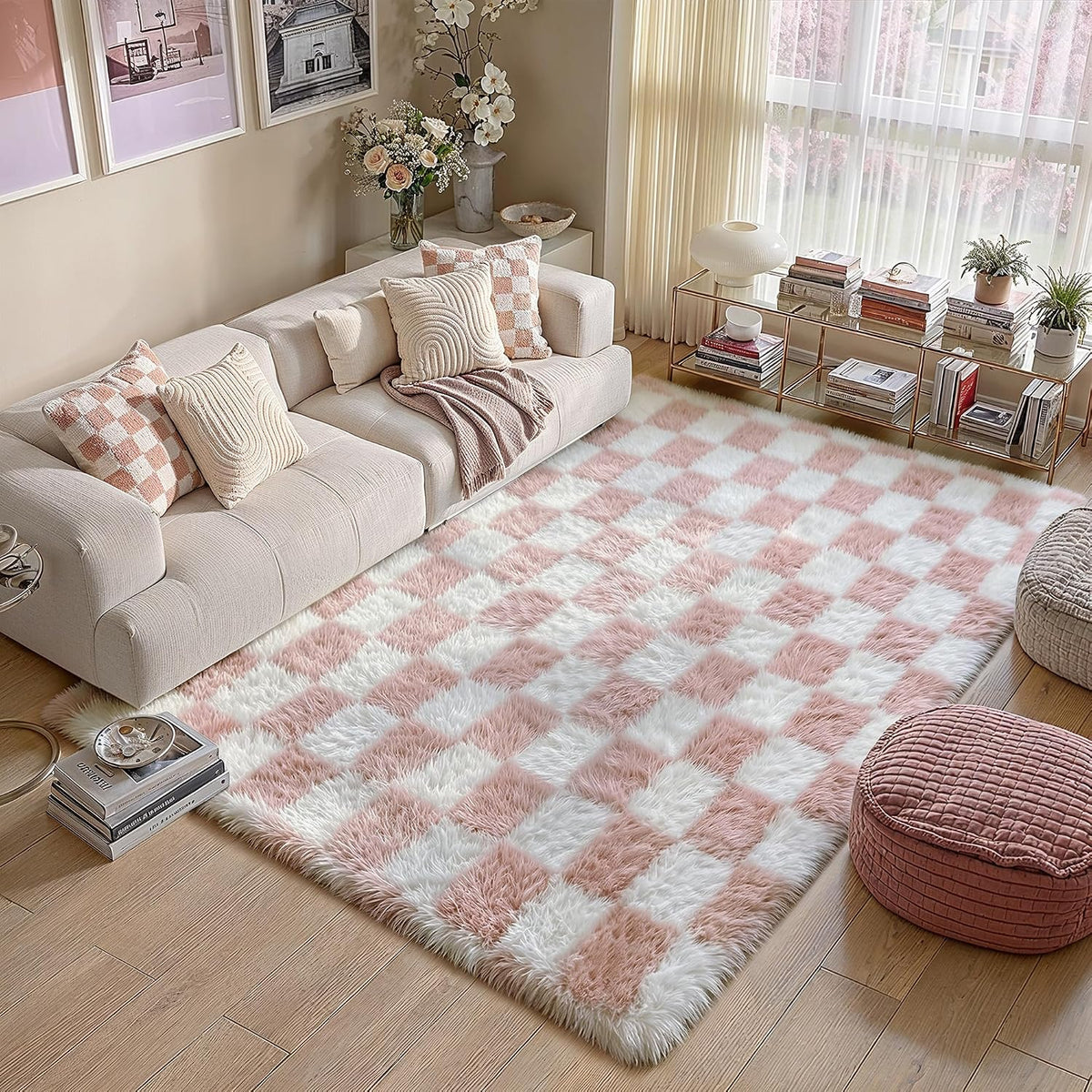 Pink Area Rug 5x8 for Bedroom Soft Fluffy Checkered Shag Carpet