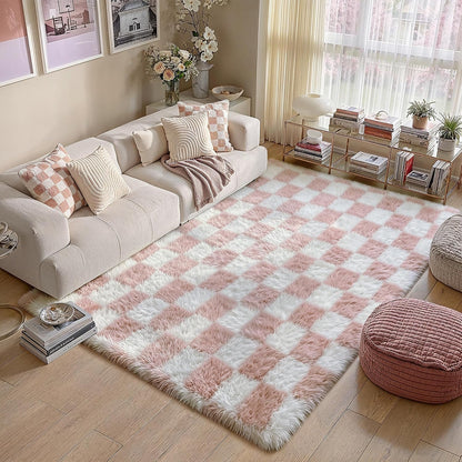 Pink Area Rug 5x8 for Bedroom Soft Fluffy Checkered Shag Carpet