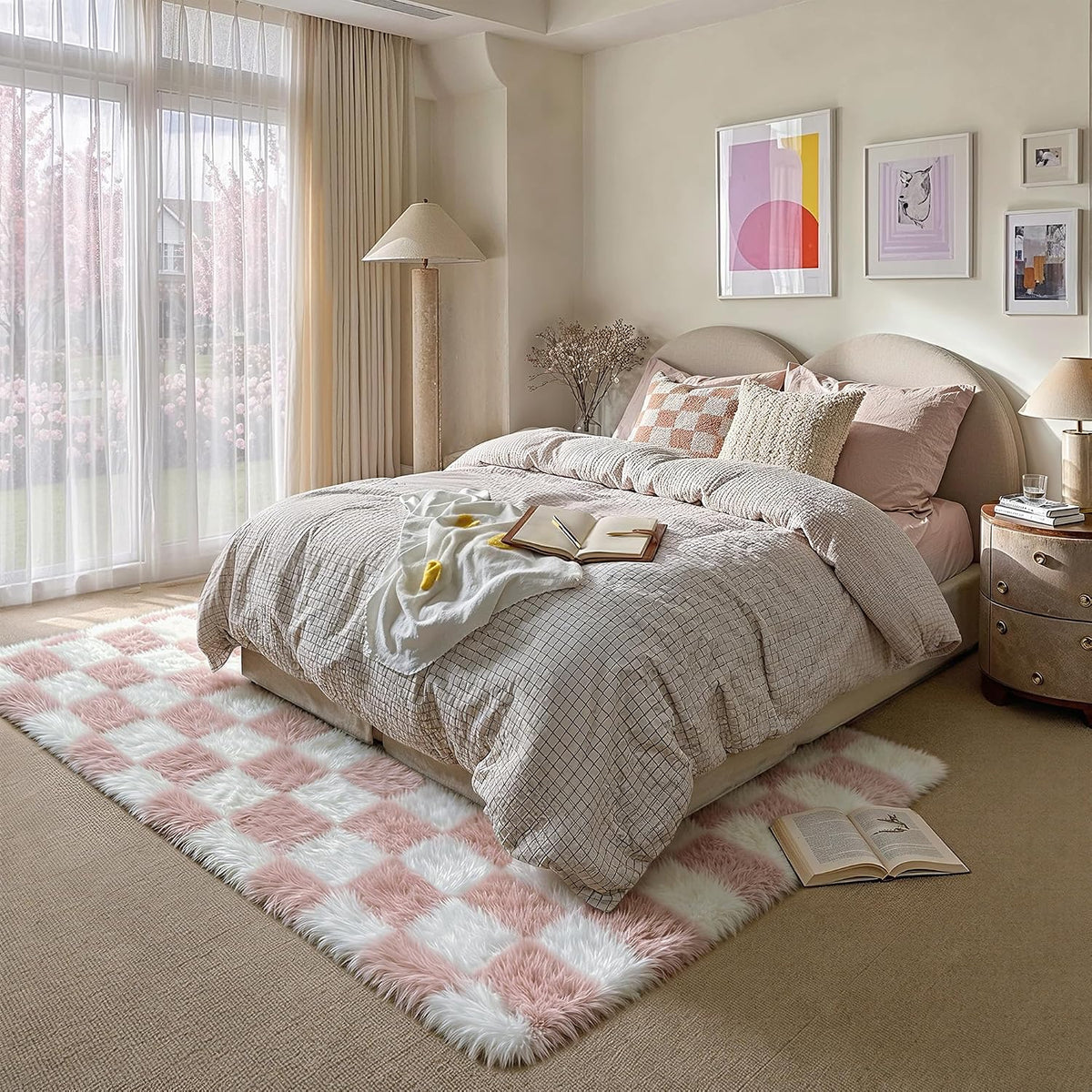 Pink Area Rug 5x8 for Bedroom Soft Fluffy Checkered Shag Carpet