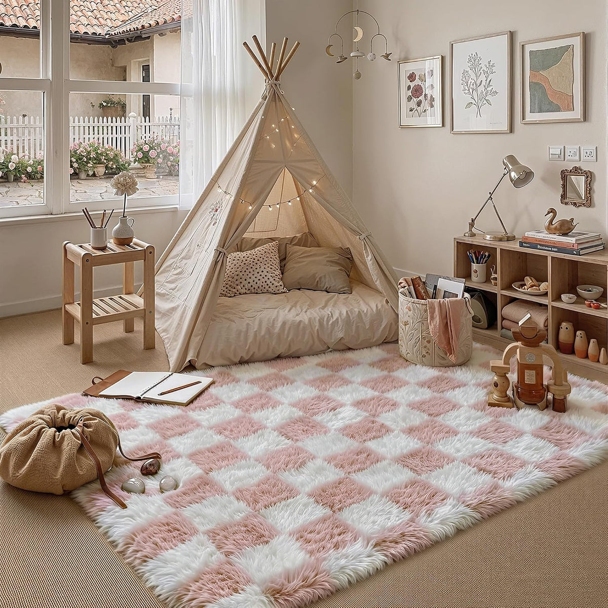 Pink Area Rug 5x8 for Bedroom Soft Fluffy Checkered Shag Carpet