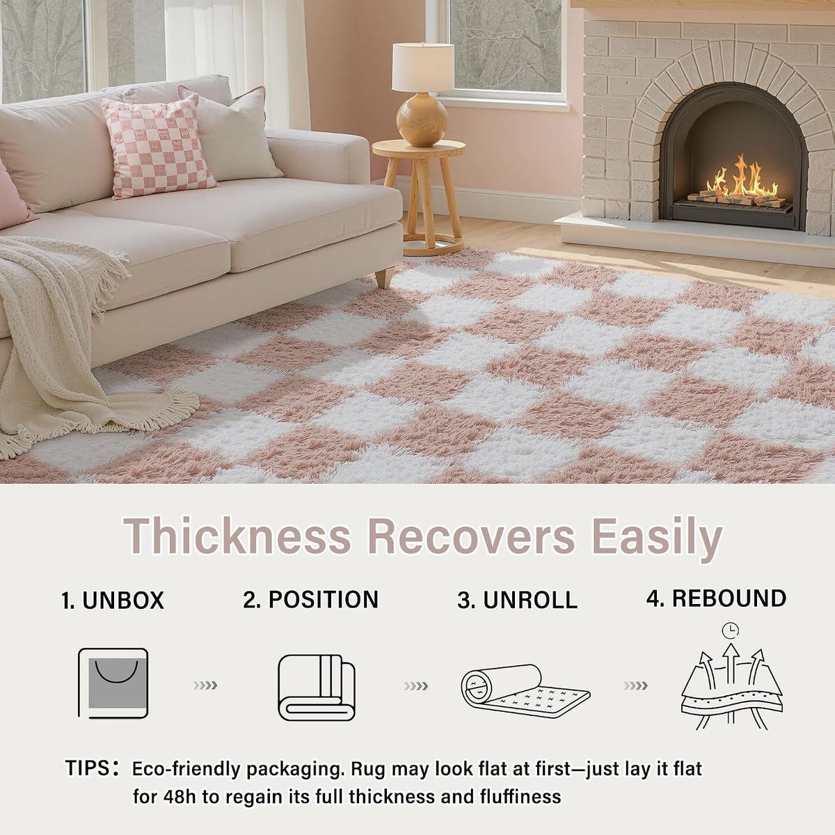 Pink Area Rug 5x8 for Bedroom Soft Fluffy Checkered Shag Carpet