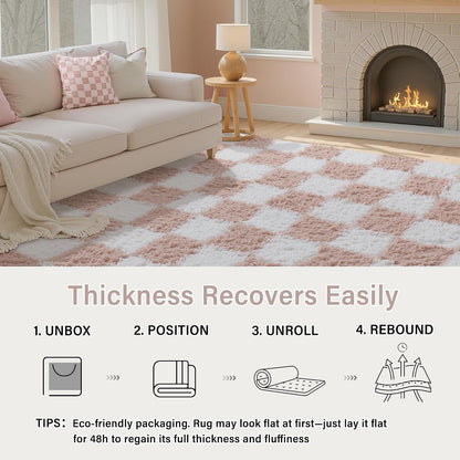 Pink Area Rug 5x8 for Bedroom Soft Fluffy Checkered Shag Carpet