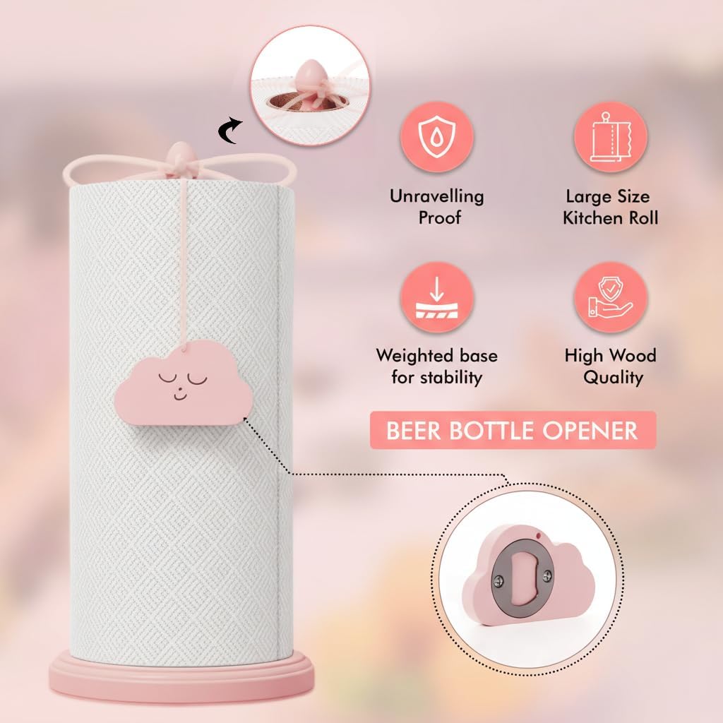 2 in 1 Pink Paper Towel Holder Countertop with Built in Beer Bottle Opener | Kitchen Towel Holder Stand Accessory | Durable Beechwood House Decor Aesthetic Design | Windproof for Outdoor Use