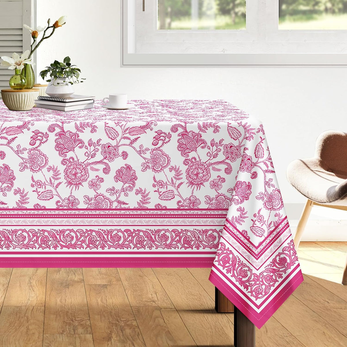 Rustic Pink Floral Tablecloth Waterproof, Classic French Country Table Cloth Rectangle Stain Resistant, Washable Table Cover for Home Kitchen Dining Party Decoration (55×70 Inch)