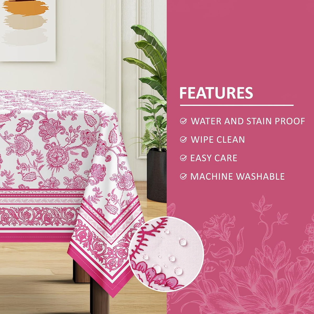 Rustic Pink Floral Tablecloth Waterproof, Classic French Country Table Cloth Rectangle Stain Resistant, Washable Table Cover for Home Kitchen Dining Party Decoration (55×70 Inch)