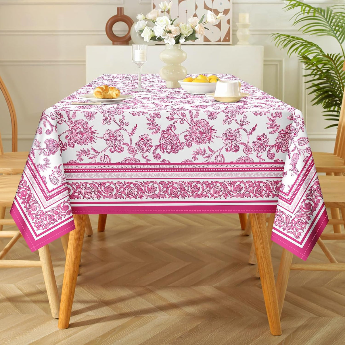 Rustic Pink Floral Tablecloth Waterproof, Classic French Country Table Cloth Rectangle Stain Resistant, Washable Table Cover for Home Kitchen Dining Party Decoration (55×70 Inch)