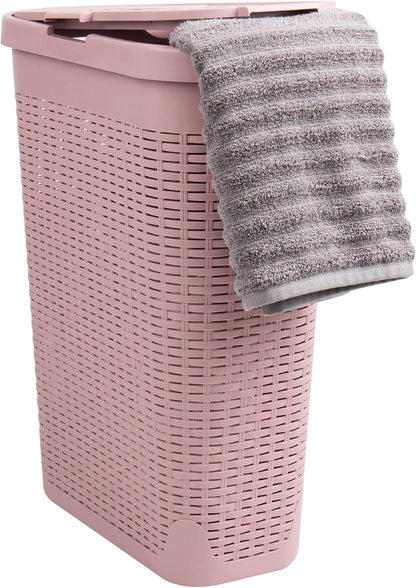 Slim Laundry Hamper with Lid, 40L Clothes Basket, Narrow Tapered Design with Ventilated Cutout Pattern, Plastic, Pink