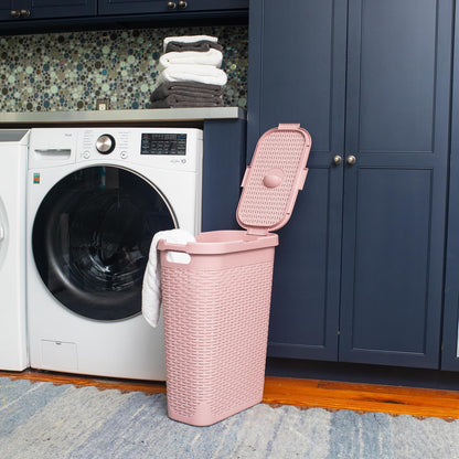 Slim Laundry Hamper with Lid, 40L Clothes Basket, Narrow Tapered Design with Ventilated Cutout Pattern, Plastic, Pink