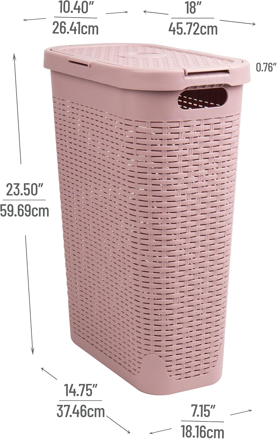 Slim Laundry Hamper with Lid, 40L Clothes Basket, Narrow Tapered Design with Ventilated Cutout Pattern, Plastic, Pink