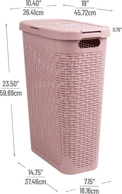 Slim Laundry Hamper with Lid, 40L Clothes Basket, Narrow Tapered Design with Ventilated Cutout Pattern, Plastic, Pink