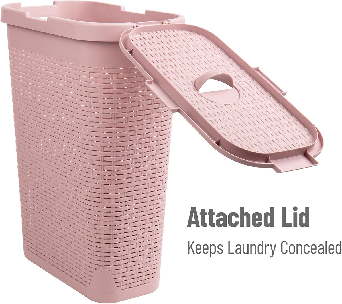 Slim Laundry Hamper with Lid, 40L Clothes Basket, Narrow Tapered Design with Ventilated Cutout Pattern, Plastic, Pink