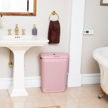 Slim Laundry Hamper with Lid, 40L Clothes Basket, Narrow Tapered Design with Ventilated Cutout Pattern, Plastic, Pink