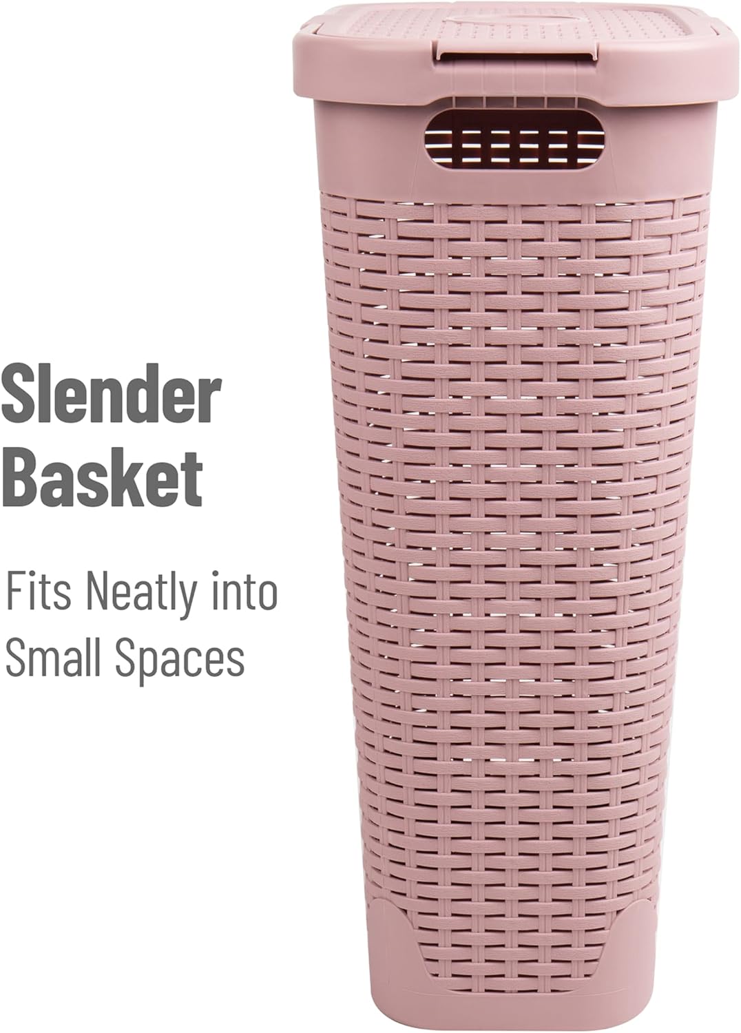 Slim Laundry Hamper with Lid, 40L Clothes Basket, Narrow Tapered Design with Ventilated Cutout Pattern, Plastic, Pink
