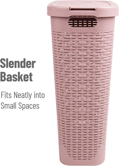 Slim Laundry Hamper with Lid, 40L Clothes Basket, Narrow Tapered Design with Ventilated Cutout Pattern, Plastic, Pink
