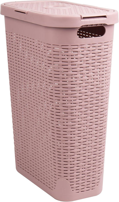 Slim Laundry Hamper with Lid, 40L Clothes Basket, Narrow Tapered Design with Ventilated Cutout Pattern, Plastic, Pink