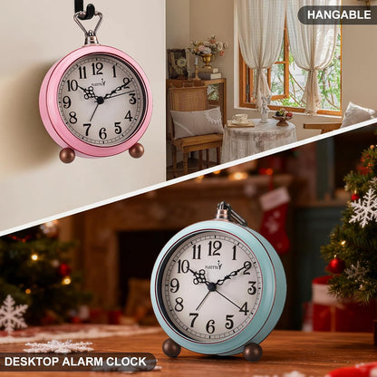 4.5" Battery Operated Antique Retro Analog Metal Alarm Clock, Silent Bedside Desk Clock, Wall-Hanging Vintage Clock(Vintage Pink)