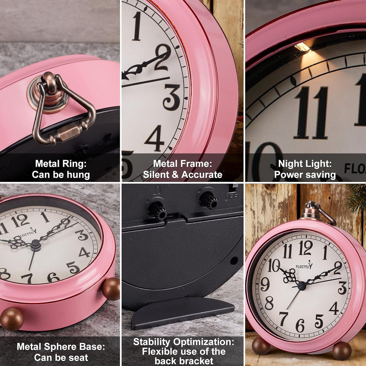 4.5" Battery Operated Antique Retro Analog Metal Alarm Clock, Silent Bedside Desk Clock, Wall-Hanging Vintage Clock(Vintage Pink)