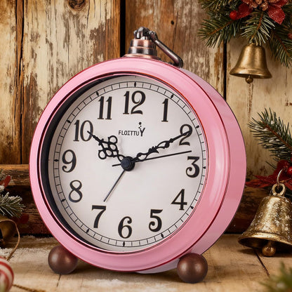 4.5" Battery Operated Antique Retro Analog Metal Alarm Clock, Silent Bedside Desk Clock, Wall-Hanging Vintage Clock(Vintage Pink)