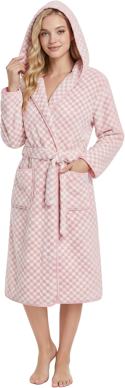 Checkered Hooded Bathrobe for Women, Lightweight Microfiber Towel Material Quick Dry Soft Absorbent Y2K Trendy Robe