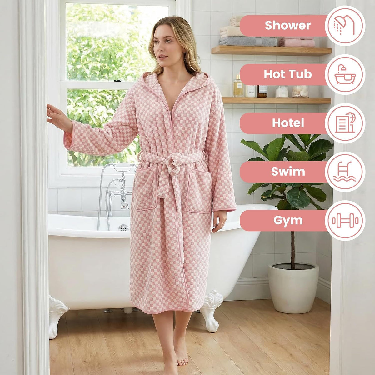 Checkered Hooded Bathrobe for Women, Lightweight Microfiber Towel Material Quick Dry Soft Absorbent Y2K Trendy Robe