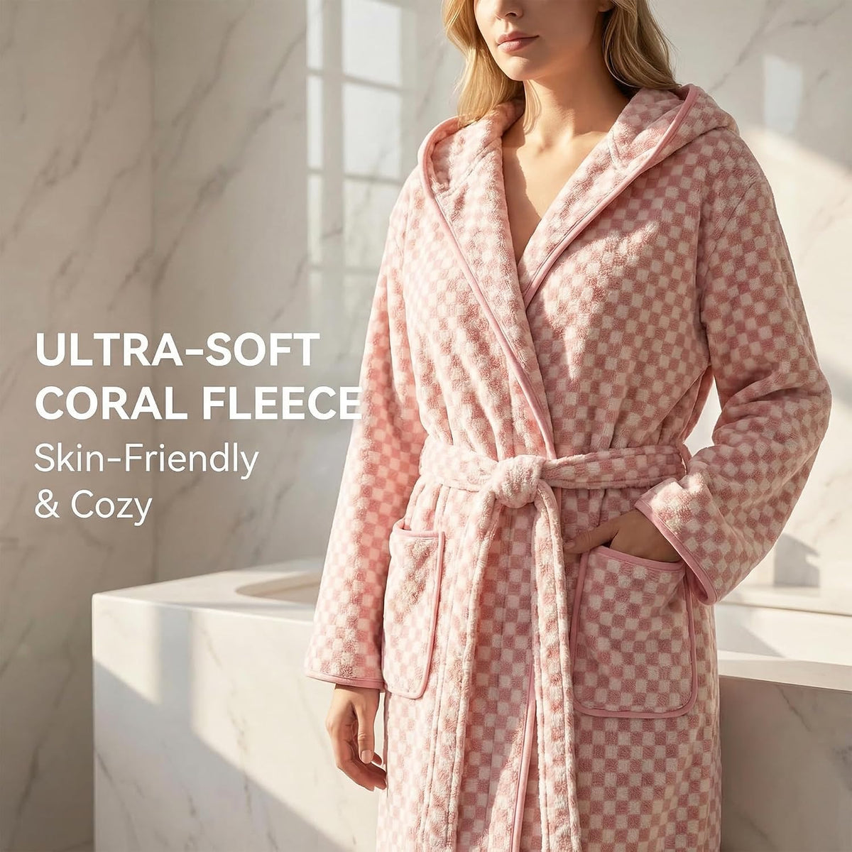 Checkered Hooded Bathrobe for Women, Lightweight Microfiber Towel Material Quick Dry Soft Absorbent Y2K Trendy Robe