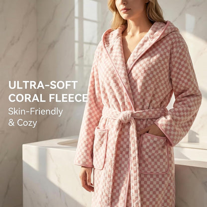 Checkered Hooded Bathrobe for Women, Lightweight Microfiber Towel Material Quick Dry Soft Absorbent Y2K Trendy Robe