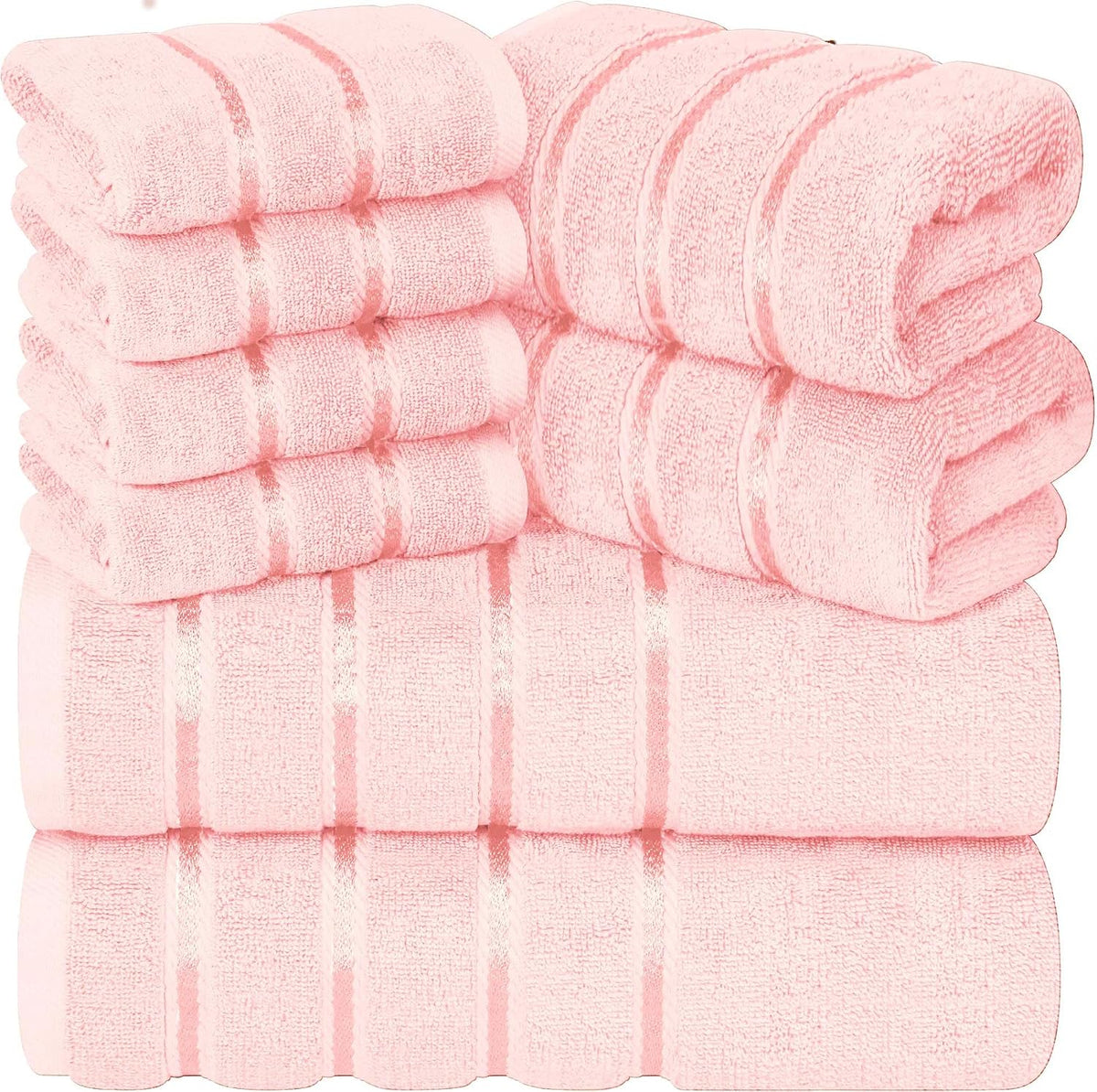 Luxury Pink Towel Set of 8-2 Bath Towels 2 Hand Towels 4 Washcloths - 600 GSM 100% Cotton Ring Spun Viscose Border Towels Set - Light Pink