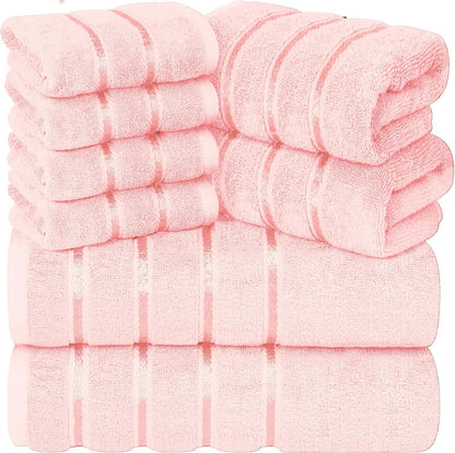 Luxury Pink Towel Set of 8-2 Bath Towels 2 Hand Towels 4 Washcloths - 600 GSM 100% Cotton Ring Spun Viscose Border Towels Set - Light Pink