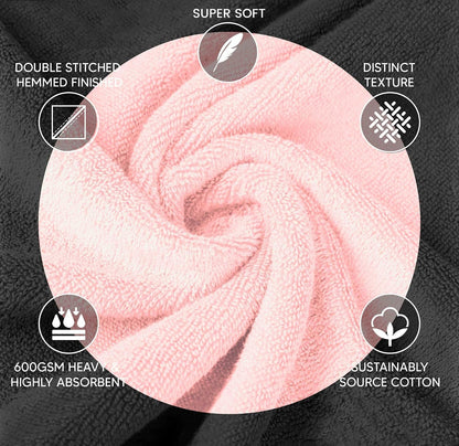 Luxury Pink Towel Set of 8-2 Bath Towels 2 Hand Towels 4 Washcloths - 600 GSM 100% Cotton Ring Spun Viscose Border Towels Set - Light Pink