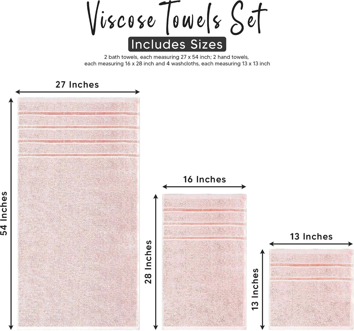 Luxury Pink Towel Set of 8-2 Bath Towels 2 Hand Towels 4 Washcloths - 600 GSM 100% Cotton Ring Spun Viscose Border Towels Set - Light Pink