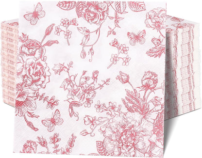 100Pcs Pink Floral Napkins Beverage Cocktail Napkin Disposable Paper Dessert Dinner Napkin Fancy Decorative Hydrangea Flower Guest Hand Towel for Wedding Bridal Baby Shower Birthday Party