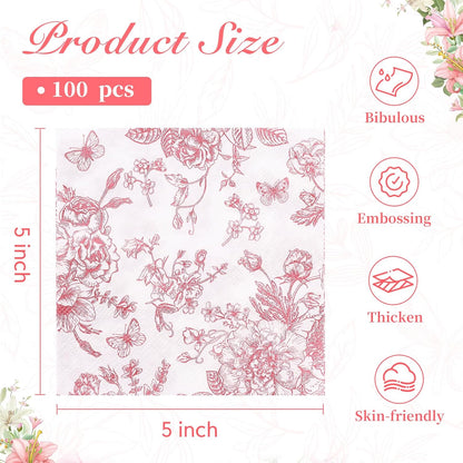 100Pcs Pink Floral Napkins Beverage Cocktail Napkin Disposable Paper Dessert Dinner Napkin Fancy Decorative Hydrangea Flower Guest Hand Towel for Wedding Bridal Baby Shower Birthday Party