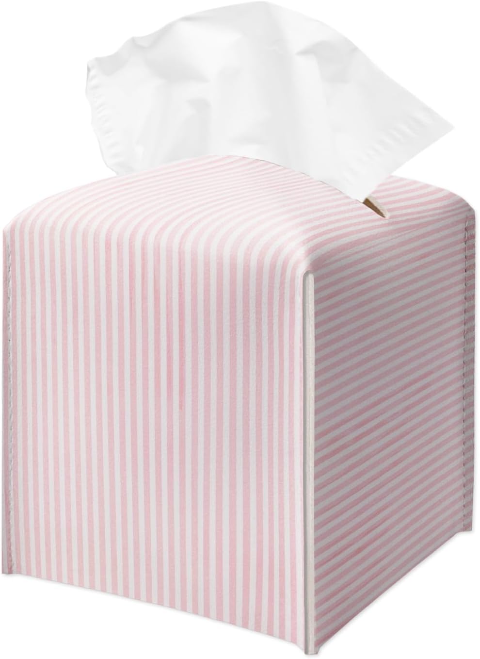 Pink Stripe Tissue Box Holder, Cute Leather Tissue Box Cover Square, Waterproof Facial Paper Organizer Dispenser for Home Bathroom Bedroom Night Stand Office Countertop -031