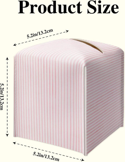 Pink Stripe Tissue Box Holder, Cute Leather Tissue Box Cover Square, Waterproof Facial Paper Organizer Dispenser for Home Bathroom Bedroom Night Stand Office Countertop -031