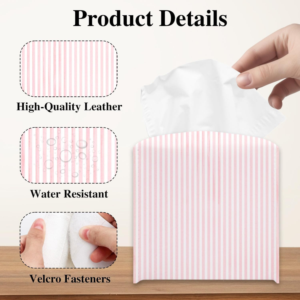 Pink Stripe Tissue Box Holder, Cute Leather Tissue Box Cover Square, Waterproof Facial Paper Organizer Dispenser for Home Bathroom Bedroom Night Stand Office Countertop -031
