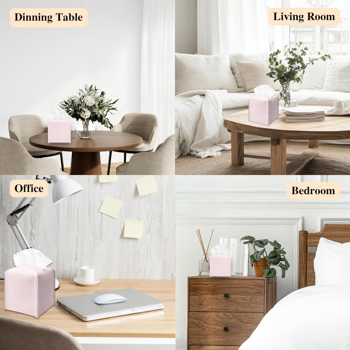 Pink Stripe Tissue Box Holder, Cute Leather Tissue Box Cover Square, Waterproof Facial Paper Organizer Dispenser for Home Bathroom Bedroom Night Stand Office Countertop -031